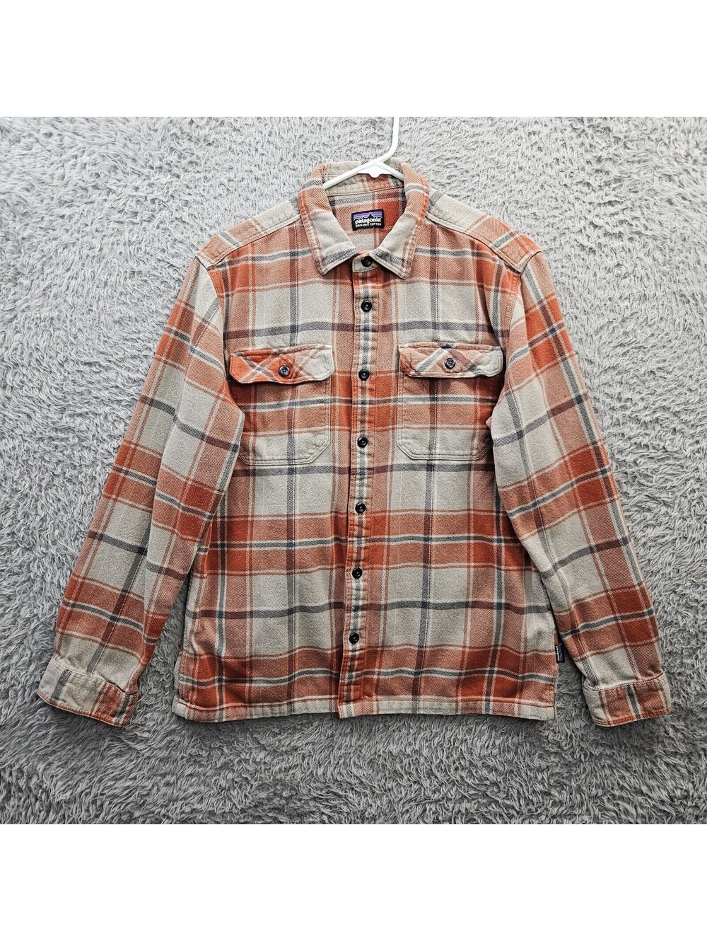 Patagonia Fjord Flannel Shirt Large w/ Pockets Organic Cotton Gray Orange Plaid